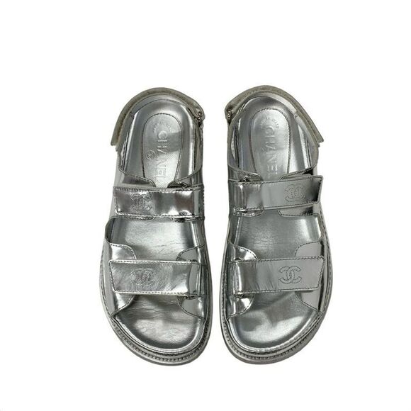 Chanel Sandals Shoes Leather Silver Coco Mark Velcro - Picture 2 of 10